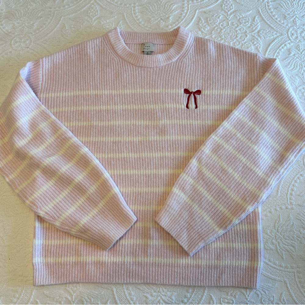 SALE! A New Day pink crewneck sweater with white stripes & red bow embroidery S - Picture 4 of 7